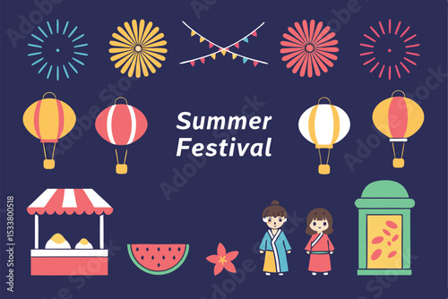 Colorful summer festival elements featuring fireworks lanterns and traditional costumes on dark blue