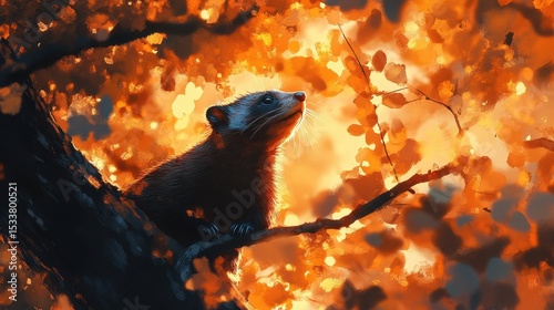 A raccoon observing its surroundings amidst vibrant autumn foliage.