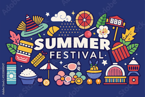 Colorful summer festival illustration with decorative elements and festive illustrations on blue background