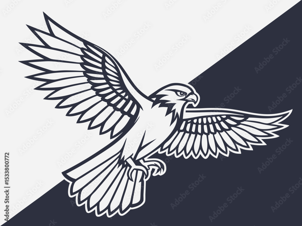 Obraz premium Powerful Falcon in Flight, Black and White Vector Graphic