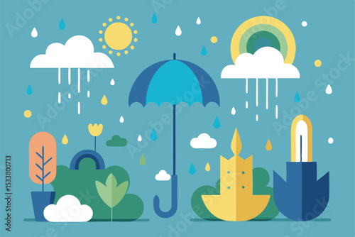 Colorful weather illustration featuring rain sunshine umbrella and stylized nature elements