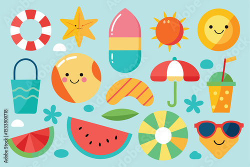 Cute and cheerful summer icon set illustrating beach vacation elements with smiling faces