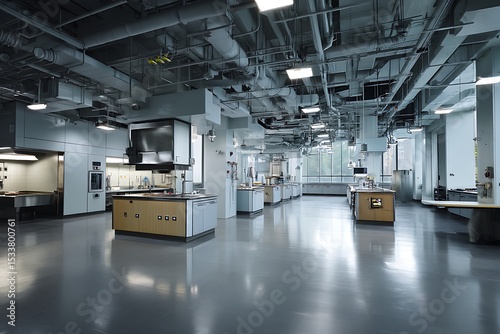 A spacious and modern laboratory interior with a clean and minimalist design, featuring steel cabinets, stainless steel appliances, and bright lighting.