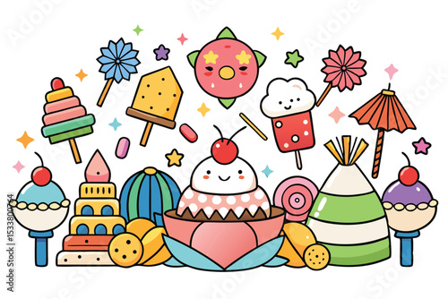 Cute and colorful cartoon illustrations of summer treats and desserts isolated on white