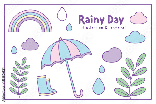 Cute rainy day illustration set with umbrella rainbow clouds raindrops and boots