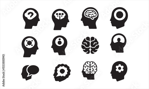 Collection of Black and White Human Head Icons Representing Diverse Mental Processes, set of twelve icons features human head silhouettes with various symbols or shapes within, representing different 
