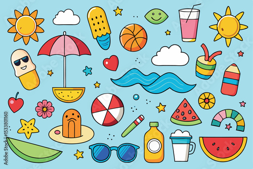 Fun summer icons collection featuring sun clouds watermelon drinks sunglasses and beach items