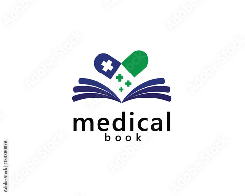 medical book, medical education logo, medicine pills on open book, logo design inspiration