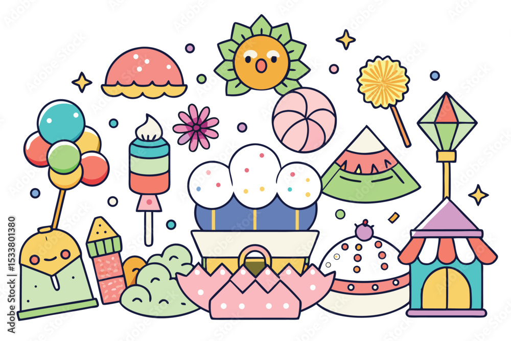 Obraz premium Whimsical and colorful collection of cartoon elements featuring sweets and festive decorations