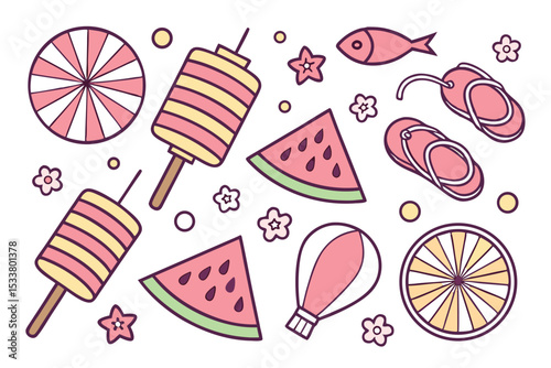 Summertime vector illustration featuring ice pops watermelon slices flowers and other vacation elements