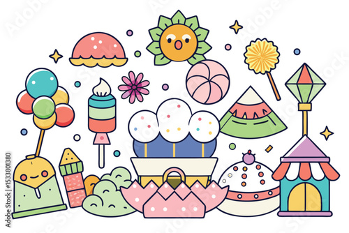 Whimsical and colorful collection of cartoon elements featuring sweets and festive decorations