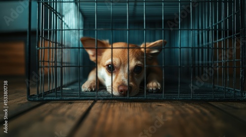A sad dog looking out from a cage, conveying emotions of loneliness and longing.