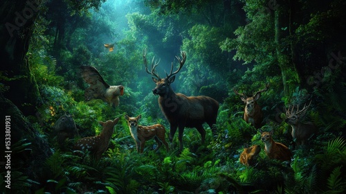 A serene forest scene featuring diverse wildlife in a lush, green environment.