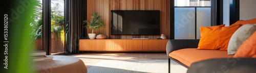Bright and modern living room with orange accents and large window for natural light.