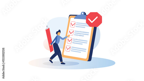 Person with a pencil completing a checklist on a clipboard with a red checkmark symbol on top