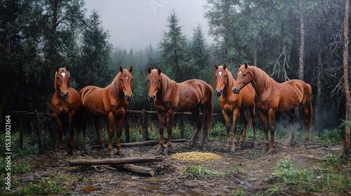 A serene scene of five brown horses standing in a misty forest.