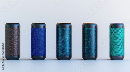Collection of modern wireless speakers in various colors on a minimalist background.