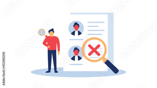 A person with a magnifying glass reviews candidates with a rejection magnifying glass on the document