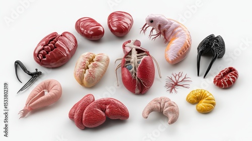 Colorful and detailed models of various organs and marine life displayed together.