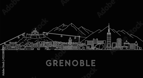 Grenoble France Skyline Outline with Cityscape, and Mountains.