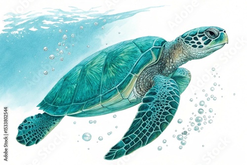 Stunning Teal Sea Turtle Underwater on white background