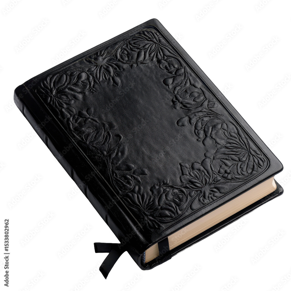Fototapeta premium Elegant black journal with embossed cover. transparent background
