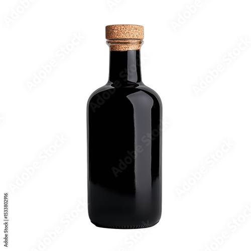 Elegant black bottle with wooden cork stopper. transparent background