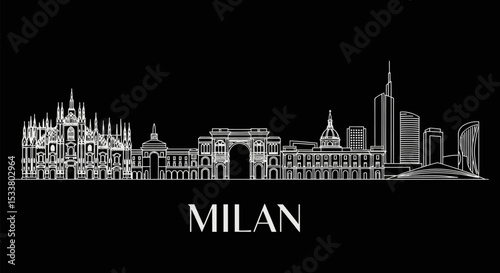 Milan Skyline with Italy, White on Black, and Landmark.