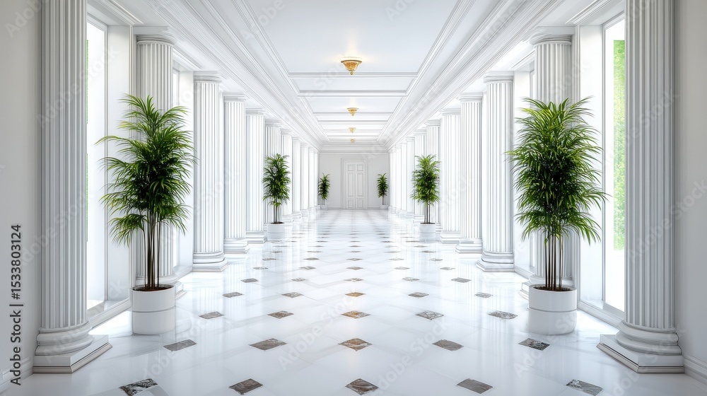 Fototapeta premium Elegant corridor with white marble floors and lush green plants adorning the space.
