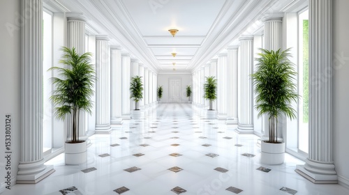 Elegant corridor with white marble floors and lush green plants adorning the space.