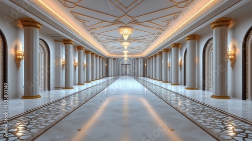 Elegant corridor with marble floors and grand columns, illuminated by decorative lights.