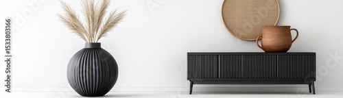 Elegant decor featuring modern vase with pampas grass against a clean white wall.