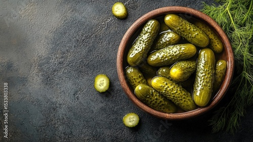 A wooden bowl filled with whole pickles sits on a textured dark surface, accompanied by dill and sliced pickle pieces scattered around.
