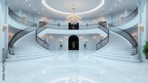 Elegant interior of a luxury mansion with grand staircase and chandelier.