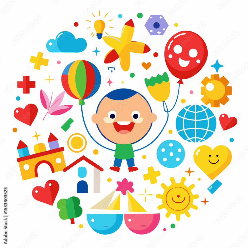 Fototapeta premium Colorful Universal Children’s Day Vector with Toys and Symbols on White Background
