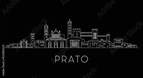 Prato Italy Skyline White outline on black.