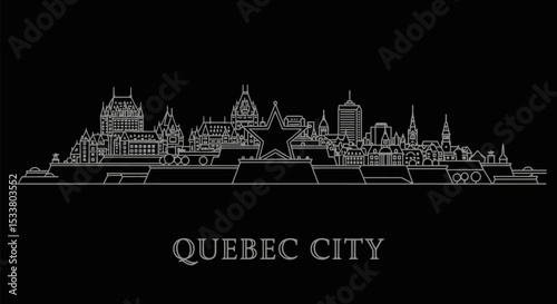 Quebec City Skyline Outline with Black Background.
