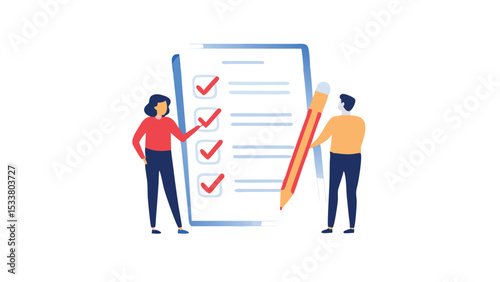 People completing checklist with pencil and tick marks on a large document in blue and red colors