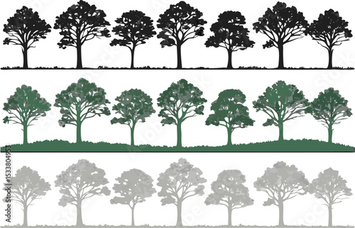 Diverse collection of stylized trees in various colors suitable for natural landscape design.