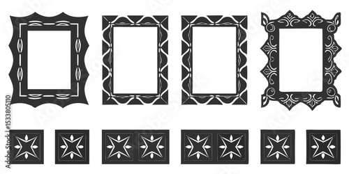 Collection of four decorative rectangular frames with unique designs and square patterned borders below them