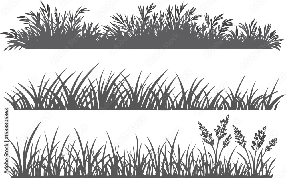 Set of hand drawn grayscale silhouettes of grass and wheat vector illustrations Set of hand drawn grayscale silhouettes of grass and wheat vector illustrations