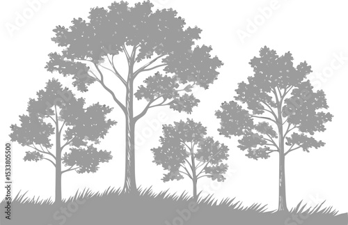 Silhouetted forest scene featuring various trees and grass with a simple nature aesthetic