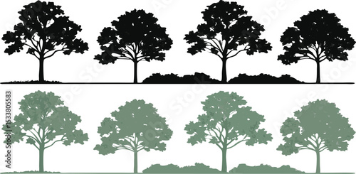 Silhouettes of eight trees in various styles and colors for nature and ecology concepts