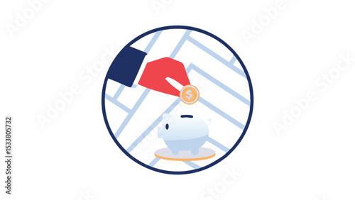 Hand putting coin into piggy bank inside of a circle with a herringbone pattern background design art