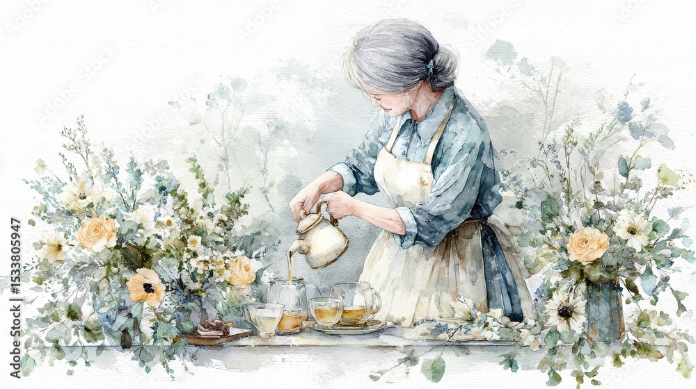 Fototapeta premium Woman in blue dress creates art, colorful watercolor pouring scene