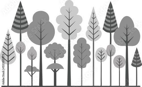 Simplified illustration of various trees in grayscale for nature and eco concepts