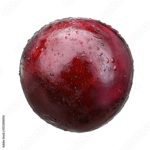 Fresh, juicy red plum with water droplets. transparent background