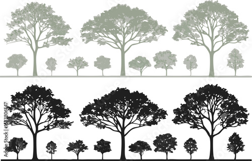 Vector illustration of various trees in different styles and colors for nature themes