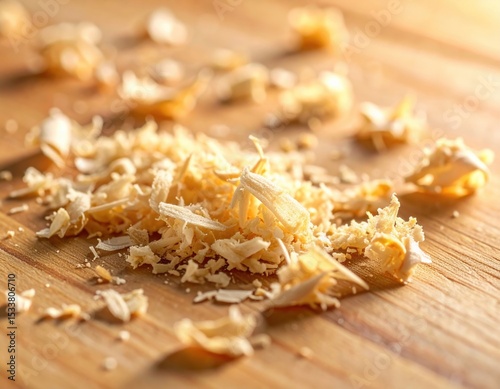 Close-up of freshly shredded cheese on wooden cutting board photo