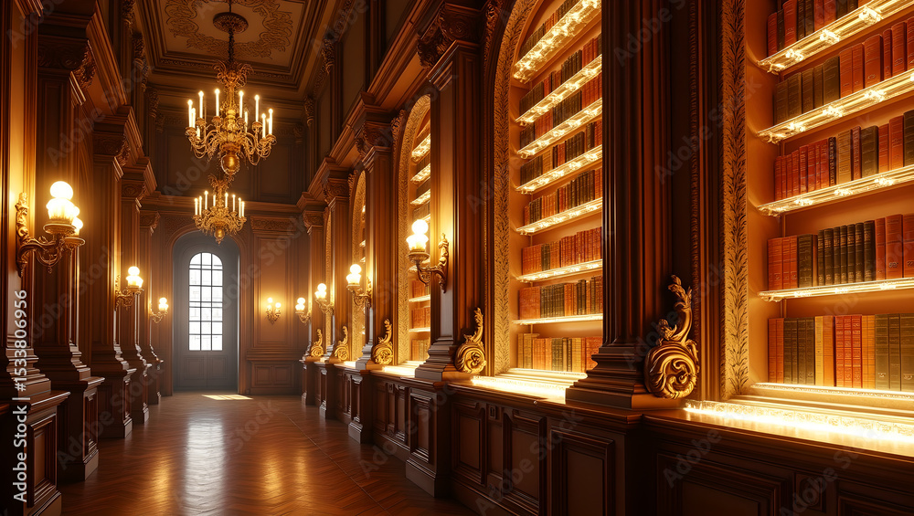 Fototapeta premium Grand Opulent Library Interior with Golden Lighting and Intricate Details